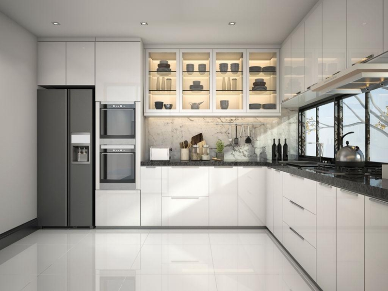 YALIG Neues Design, minimalistische, glänzend weiße Acryl-Türverkleidung, Massivholz-Küchenschränke
