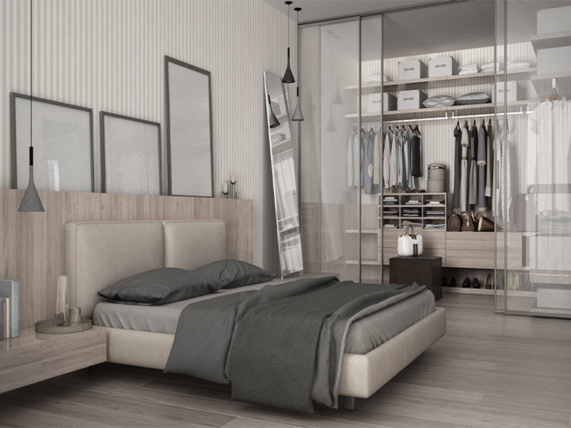 YALIG Kleiderschrank aus Holz im modernen minimalistischen Stil mit Glastür und Schiebetür