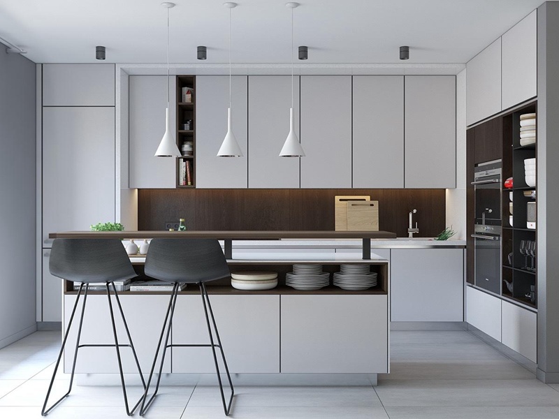Hohe, minimalistische, mattweiß lackierte Massivholz-Küchenschränke mit schönen Liniendesigns
