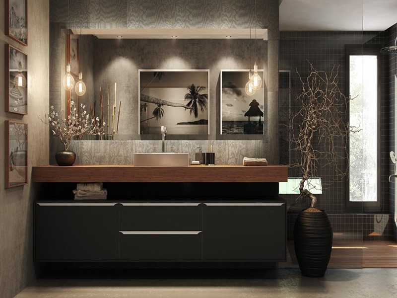 Hochwertiger Luxus-Badezimmerschrank aus schwarz lackiertem Massivholz