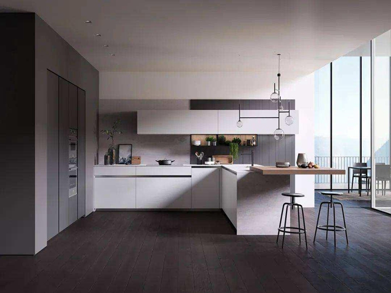 Hochwertige, minimalistische Massivholzschränke mit gut aussehender Kücheninsel für große Küchen