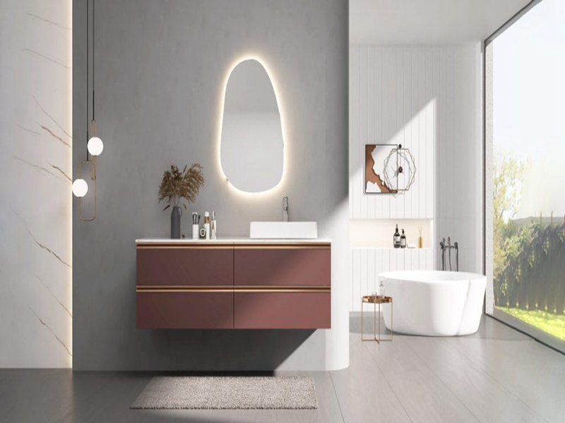 Modernes Design, stilvoller, wasserfester Badezimmerschrank mit burgunderfarbenem Lack und massivem Holz