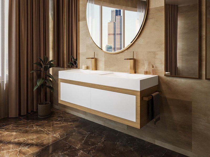 Moderner zweifarbiger wandmontierter Badezimmerwaschtisch aus massivem Holz