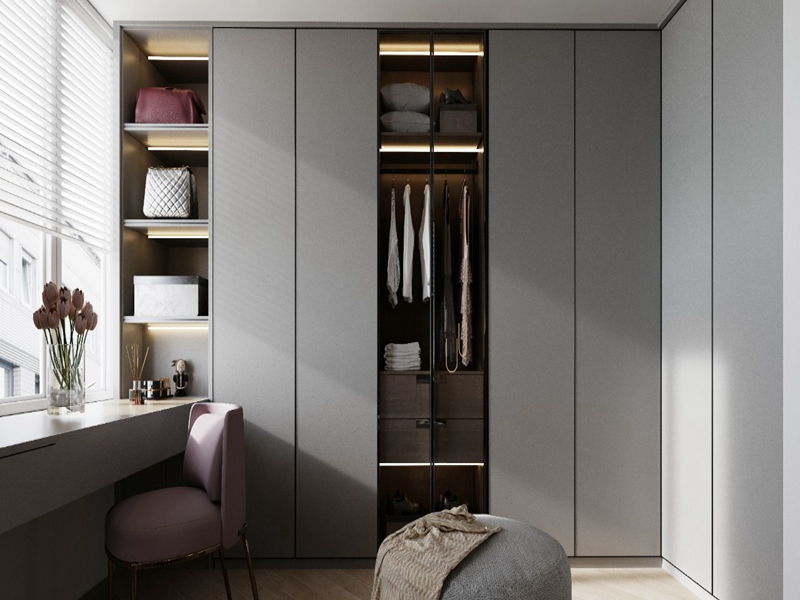 RNeuer Design-Schlafzimmer-Kleiderschrank, grauer Kleiderschrank aus Massivholz mit PVC-Membran-Finish