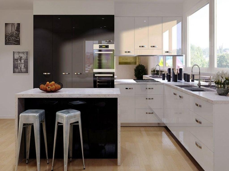 Zweifarbige Schränke im modernen Stil, Küchenschränke mit glänzendem Acryl-Finish in Schwarz und Weiß