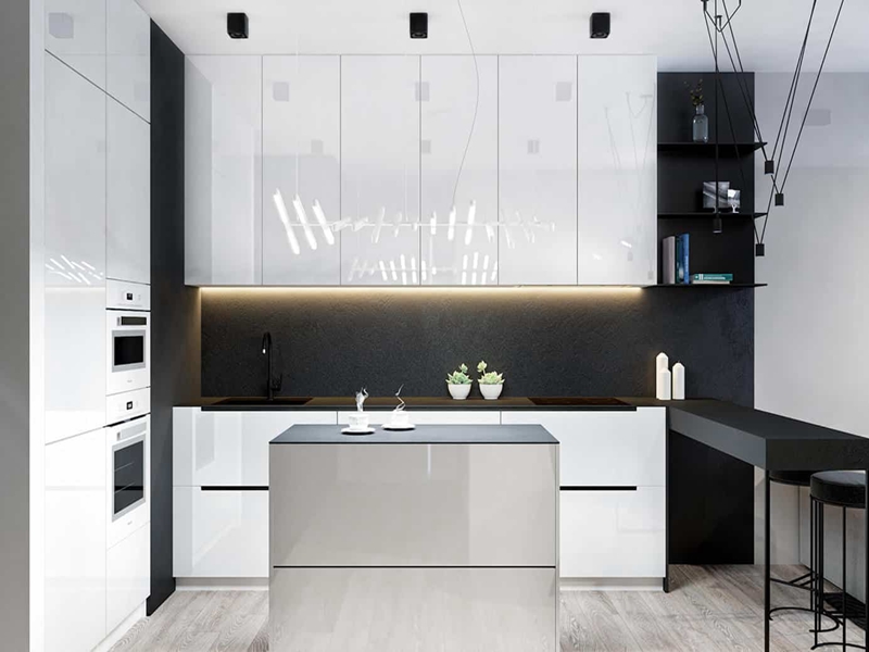 Moderne, minimalistische, weiße, glänzende Küchenschränke aus Massivholz mit Acryl-Finish