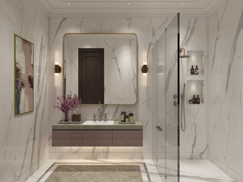 Moderner Badezimmer-Waschtisch im minimalistischen Melaminfurnier-Massivholzstil mit eingefasstem Spiegel