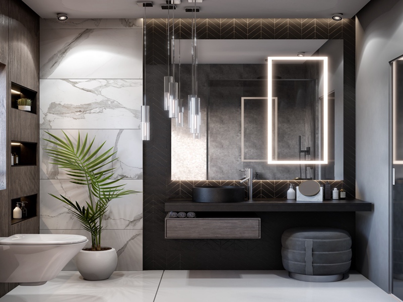 Italienischer minimalistischer Badezimmer-Waschtisch aus massivem Holz in dunkelgrauer Arbeitsplatte