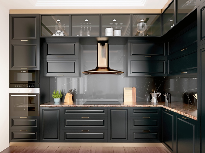 Schwarz lackierte Küchenschränke im Shaker-Stil mit Kücheninsel-Design