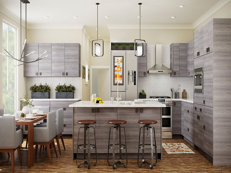 Minimalistische Küchenschränke aus massivem Holz in Grau mit Holzmaserung und Kücheninsel-Design