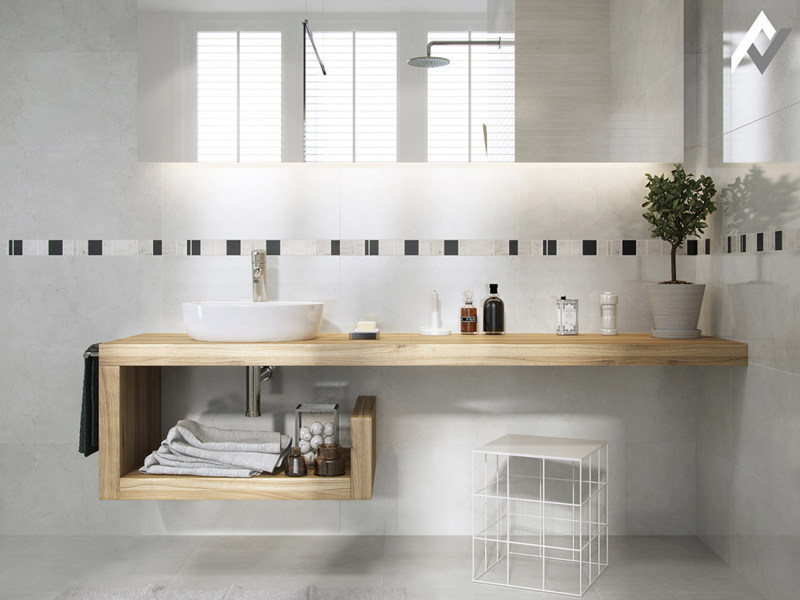 Minimalistischer Badezimmerschrank aus massivem Holz mit geometrischem Design