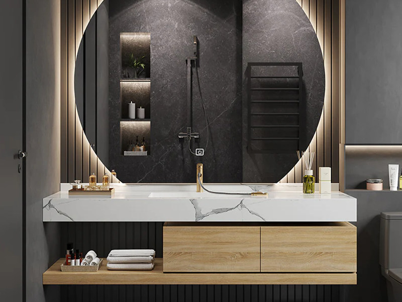 Minimalistischer, ausziehbarer Badezimmerschrank aus Massivholz mit Arbeitsplattendesign