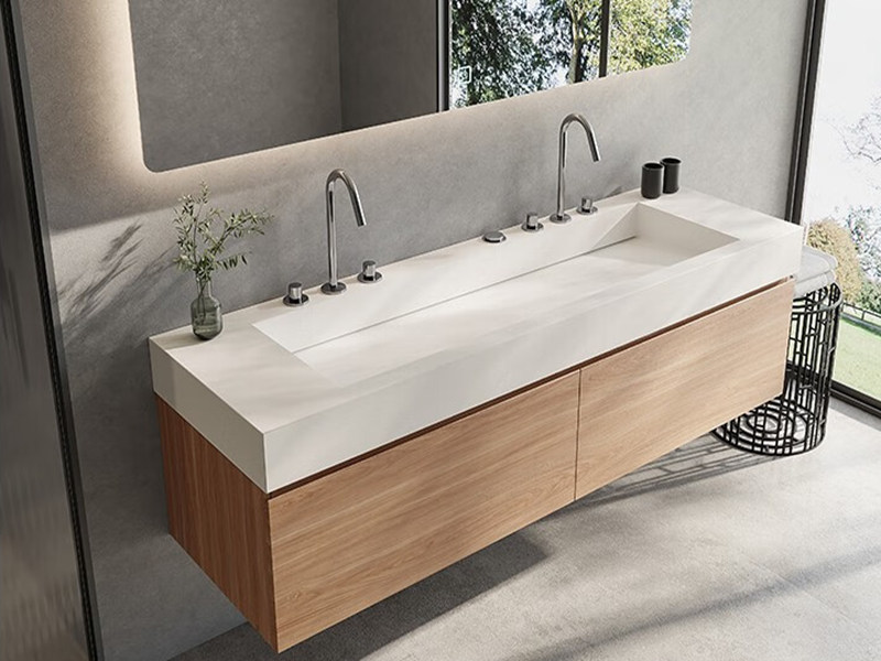Moderner Badezimmerschrank aus massivem Holz mit Melamin-Holzmaserung und integriertem Waschbecken