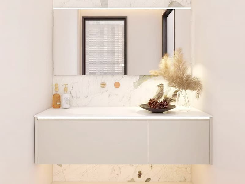 Cream-colored minimalist wood bathroom cabinet