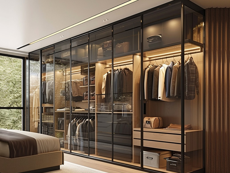 Luxus High-End-modulare begehbare Kleiderschränke aus Holz, Edelstahl, Glastür, Schlafzimmermöbel, Kleiderschrank mit LED-Licht