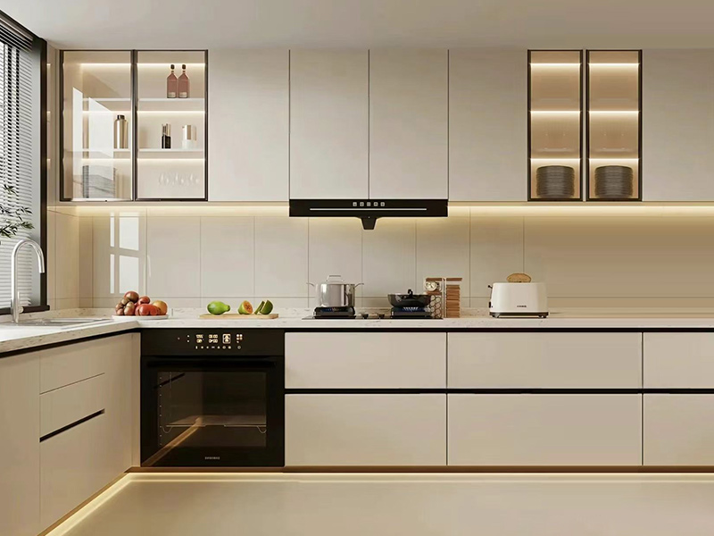Fabrikpreis Moderne L-förmige Küchenschränke Einfaches Design Mattierte Holzlackschränke mit LED-Lichtstreifen